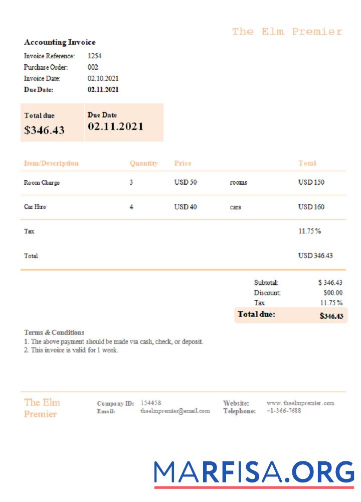 Downloadable USA The Elm Premier invoice example